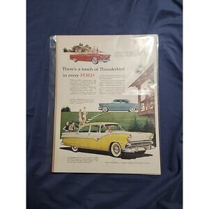 1955 FORD Fairlane Yellow & White Red Thunderbird Blue Customline Car Print AD